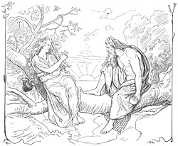 Sága and Odin drinking from golden cups at Sökkvabekkr